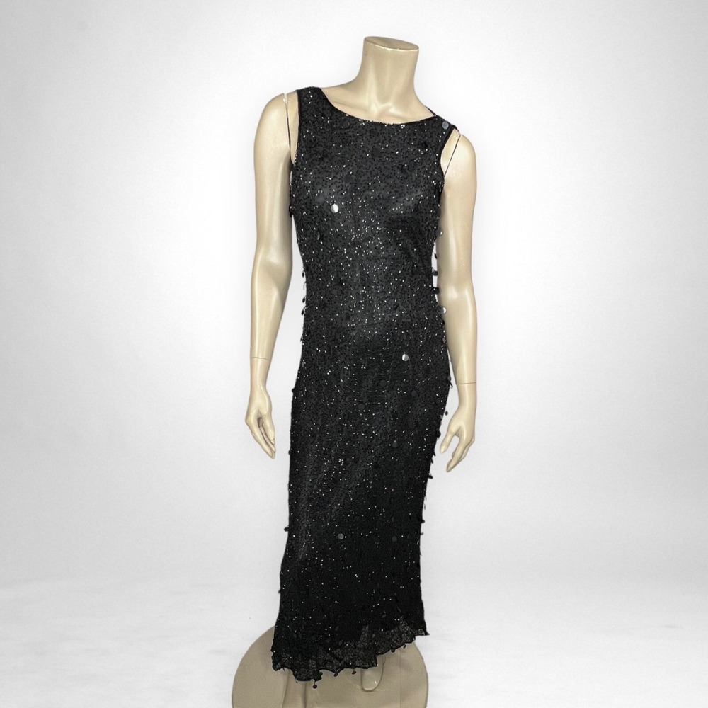 Vintage Elegant‎ Fashions Large Silk Maxi Sequin Sleeveless Black Dress Wedding